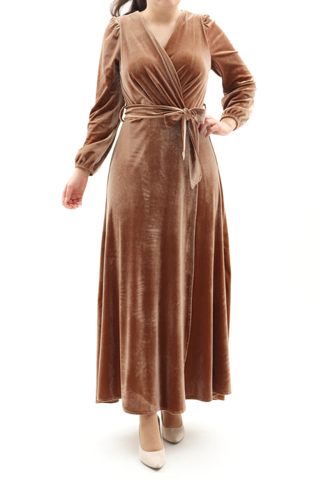 Festliches Samtkleid Maxikleid Wickelkleid Kamel ONESIZE