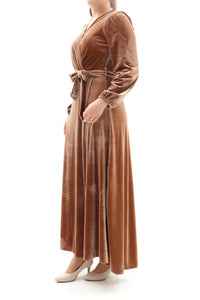 Festliches Samtkleid Maxikleid Wickelkleid Kamel ONESIZE