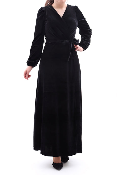 Festliches Samtkleid Maxikleid Wickelkleid Schwarz ONESIZE
