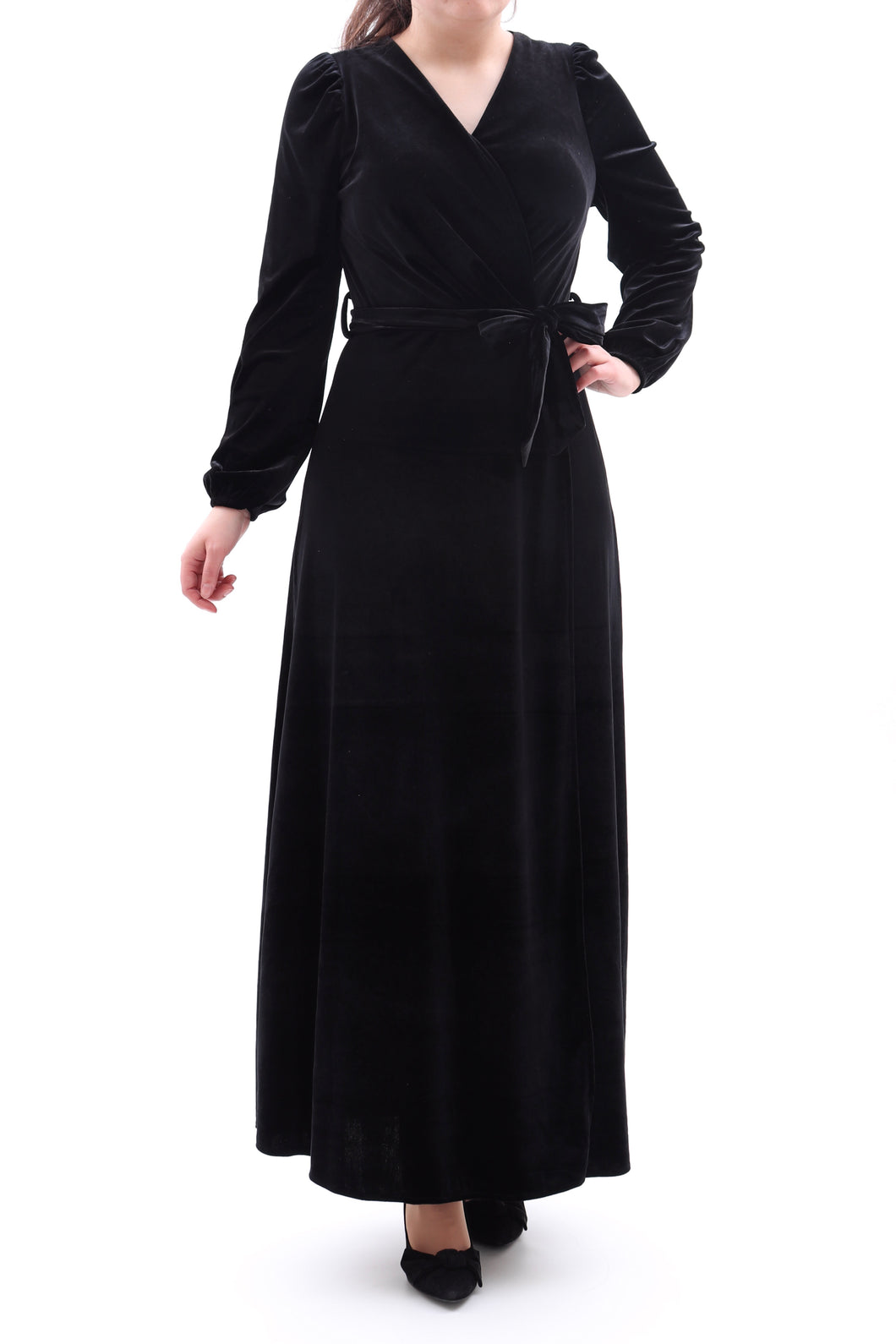 Festliches Samtkleid Maxikleid Wickelkleid Schwarz ONESIZE