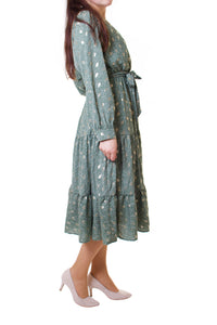 Festliches Kleid mit Federn Golddruck Khaki