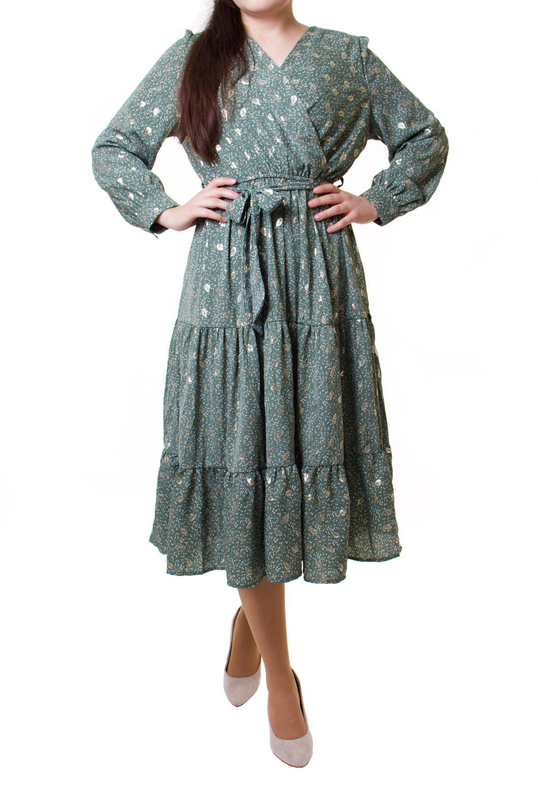 Festliches Kleid mit Federn Golddruck Khaki