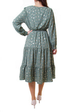 Laden Sie das Bild in den Galerie-Viewer, Festliches Kleid mit Federn Golddruck Khaki